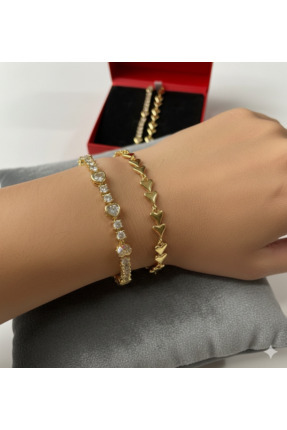 BFB aksesuar Sevgililer Günü Özel - 14K Kalp Detaylı Gold Renk İkili Bileklik...