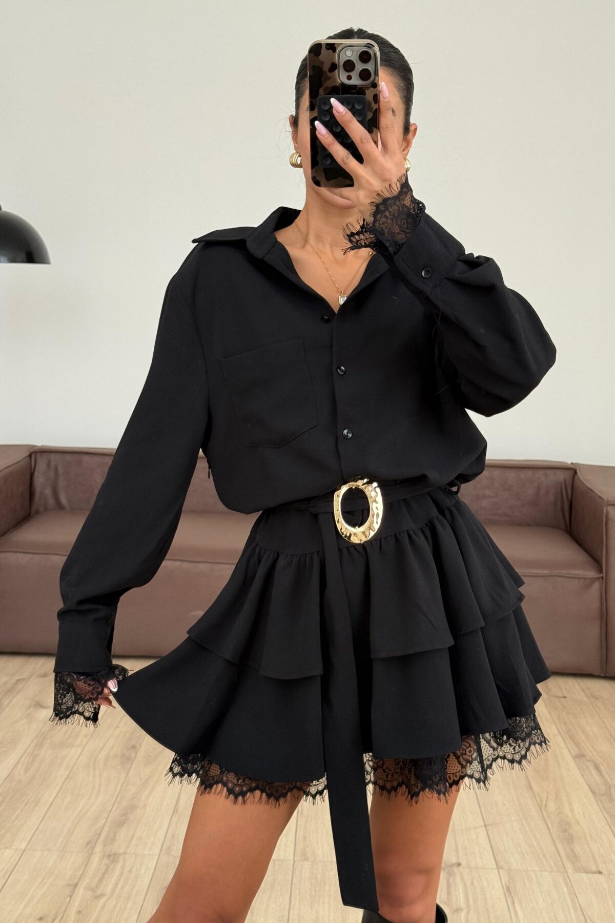 mega lucky  Kadın Siyah Kemerli Mini Elbise Dantel Detaylı - Görsel 4