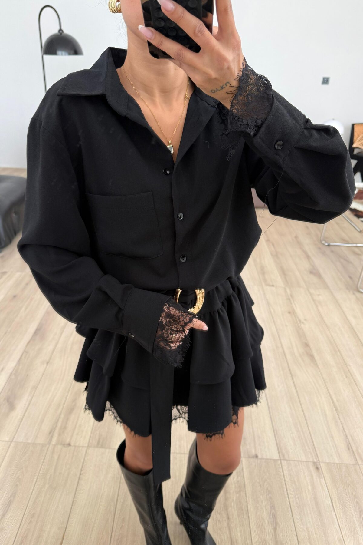 mega lucky  Kadın Siyah Kemerli Mini Elbise Dantel Detaylı - Görsel 5