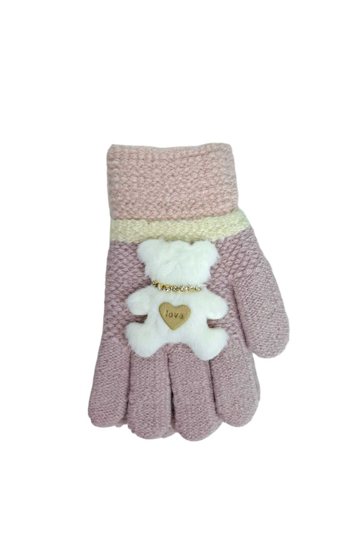 Kitti Spteks 4-8 Yaş Kız Çocuk Pudra Renk Sevimli Ayıcık Figürlü Kışlık Örme Eldiven fotoğrafı 5 (önizleme)