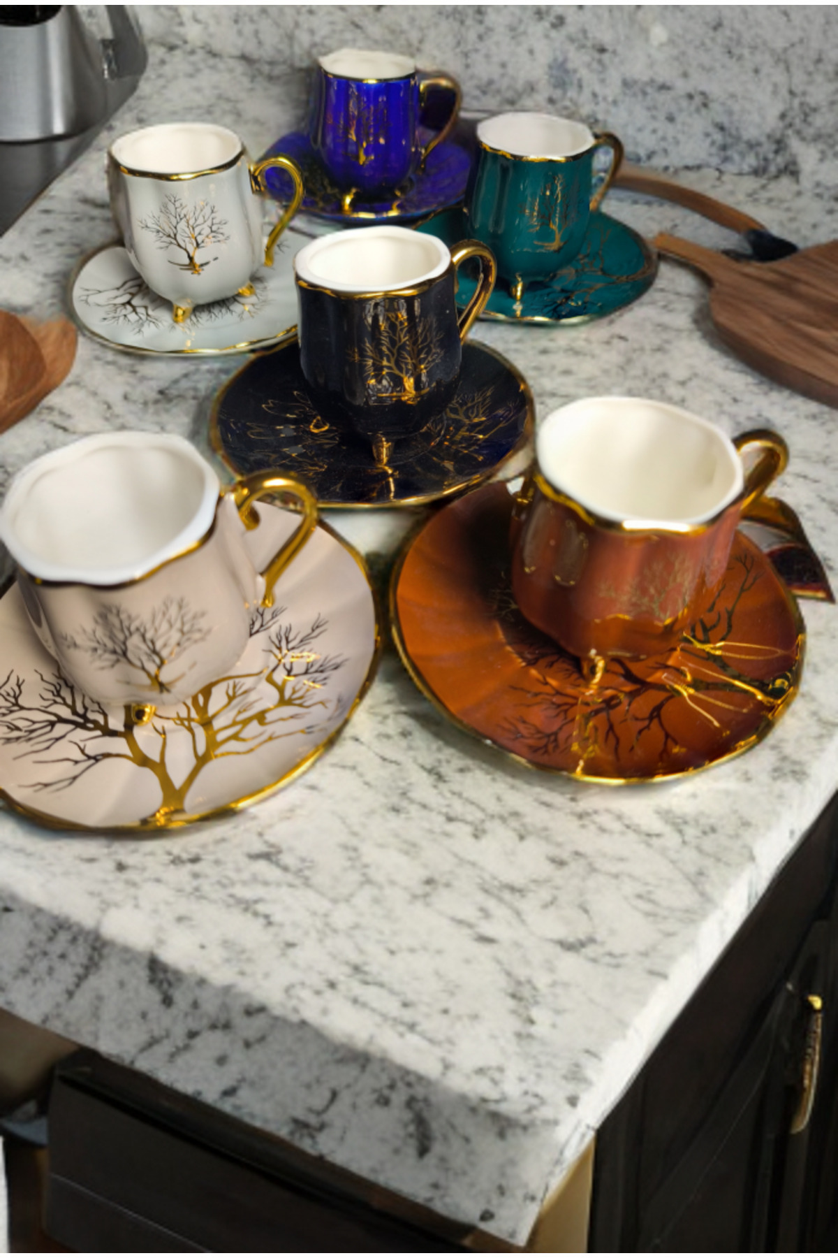 Saatistan 6 Kişilik Altın Detaylı Türk Kahve Porselen Fincan Takımı ...