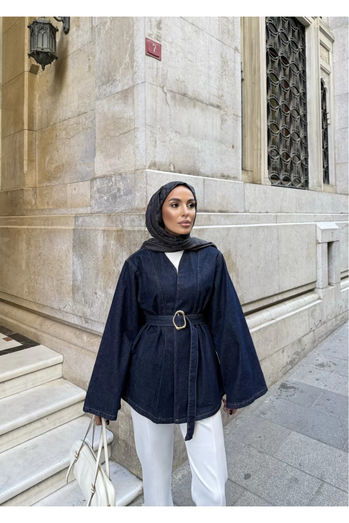 mega lucky  Kadın Lacivert Denim Ceket Kemerli Modern Tasarım - Görsel 7