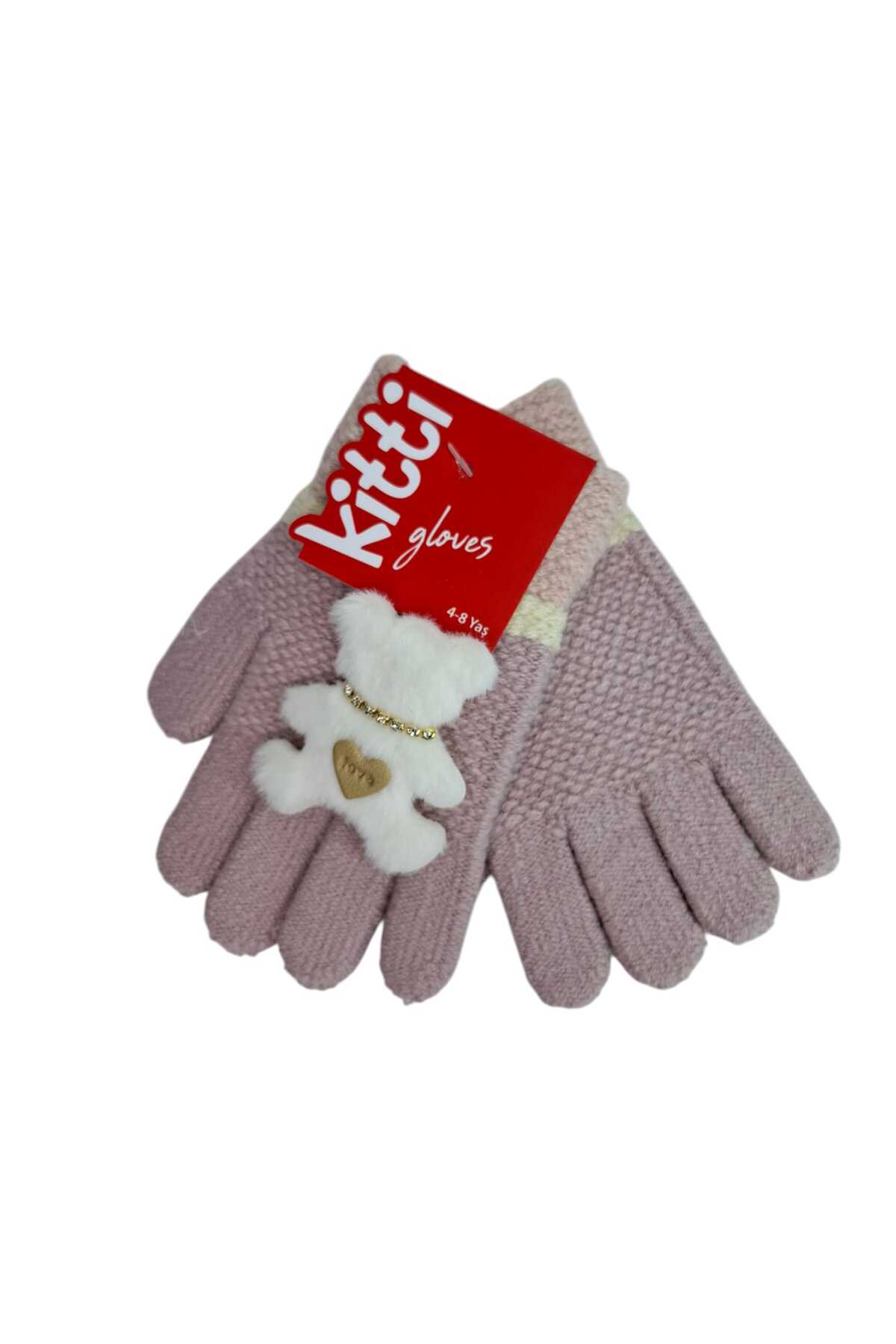 Kitti Spteks 4-8 Yaş Kız Çocuk Pudra Renk Sevimli Ayıcık Figürlü Kışlık Örme Eldiven fotoğrafı 3 (önizleme)