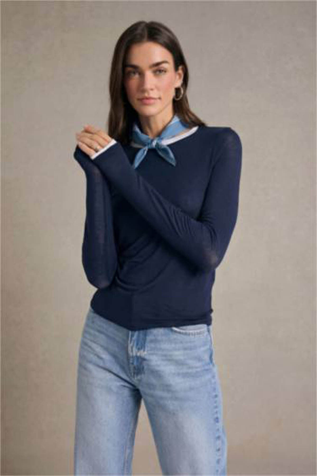 Defacto Slim Fit Ribana Navy Blue Women's T-Shirt G9446Ax/Nv135