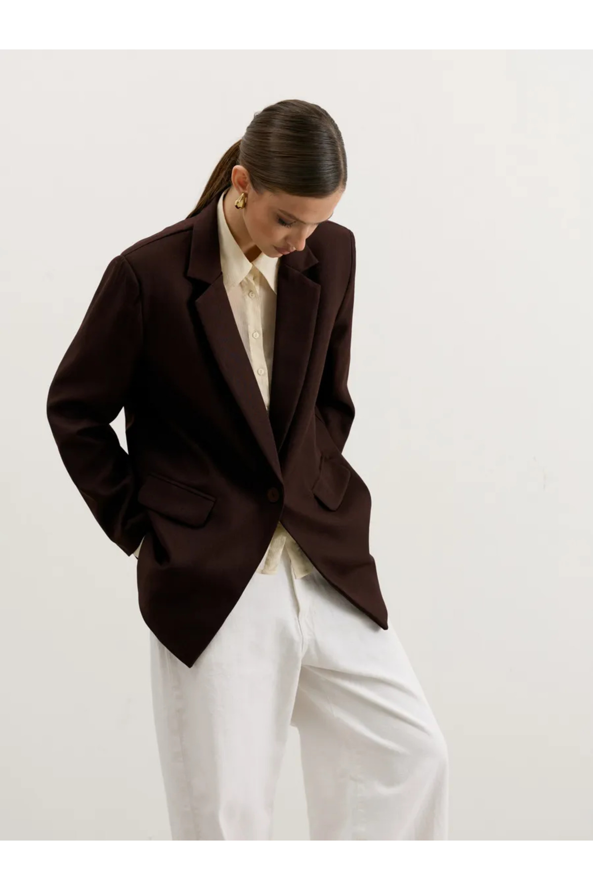 eybetsa  Kadın Düğme Detaylı Oversize Blazer Ceket - Görsel 4