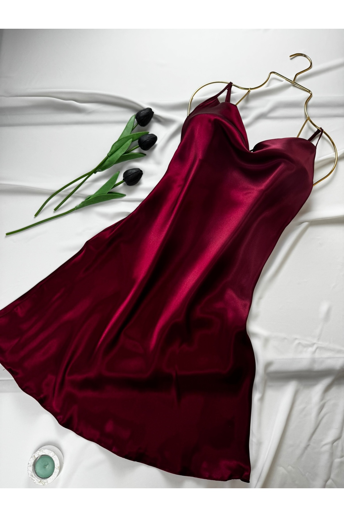 ROZENİN LINGERIE Degaje Yaka Saten Askılı Gecelik Elbise