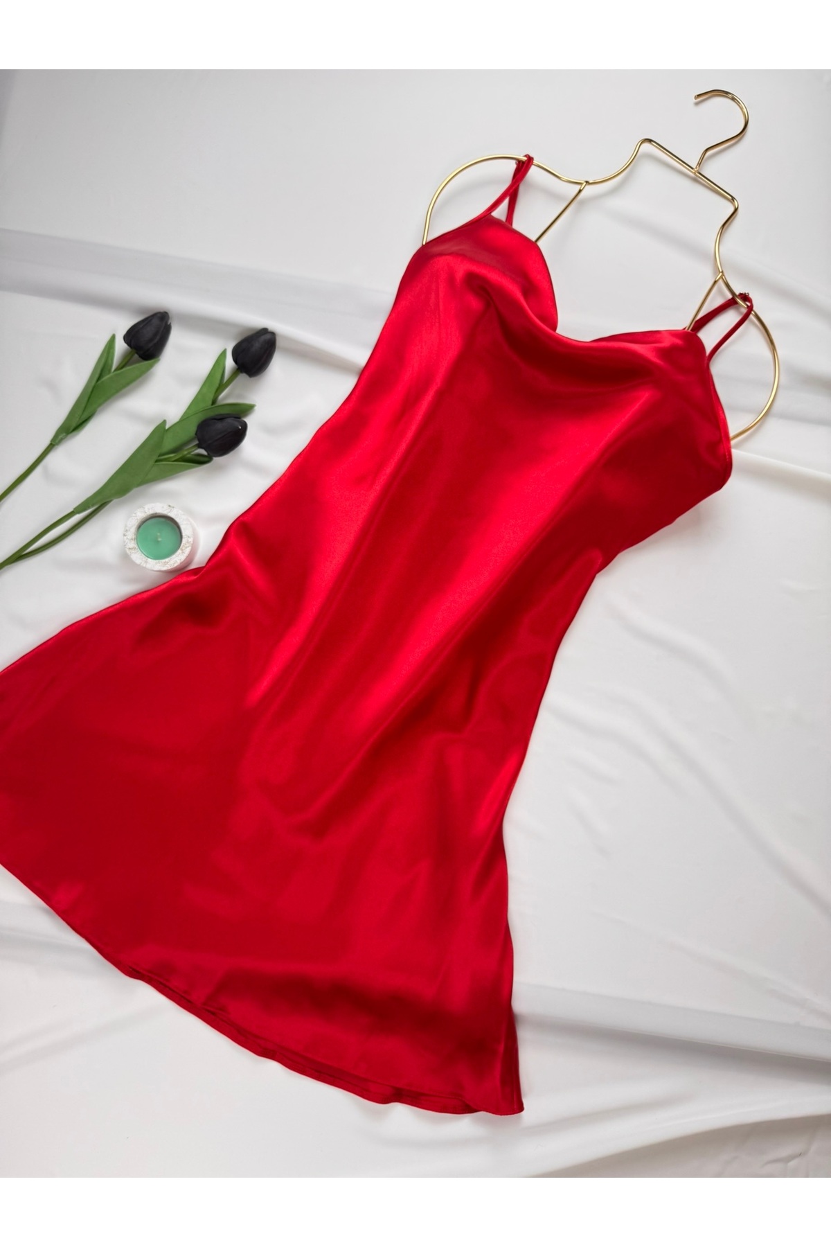 ROZENİN LINGERIE Degaje Yaka Saten Askılı Gecelik Elbise