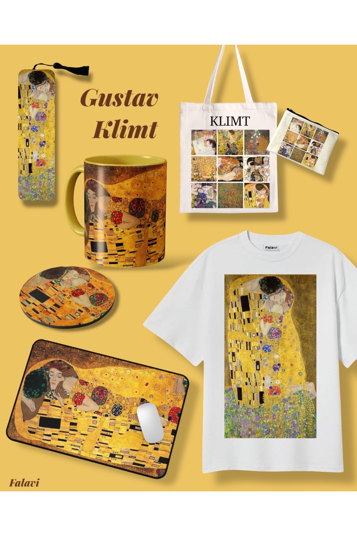 FALAVİ  GUSTAV KLİMT 7’li Hediye Seti,Tişört,Bez Çanta,Mousepad