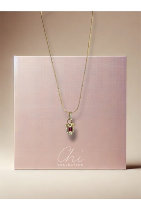 CHI COLLECTION Kırmızı Taşlı Üçgen Model Çelik Kolye
