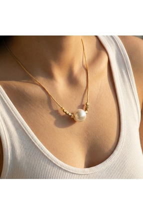 AccessoriesCınCık 316L Çelik Kararmaz Kadın Kolye | Altın Renk İnci Model