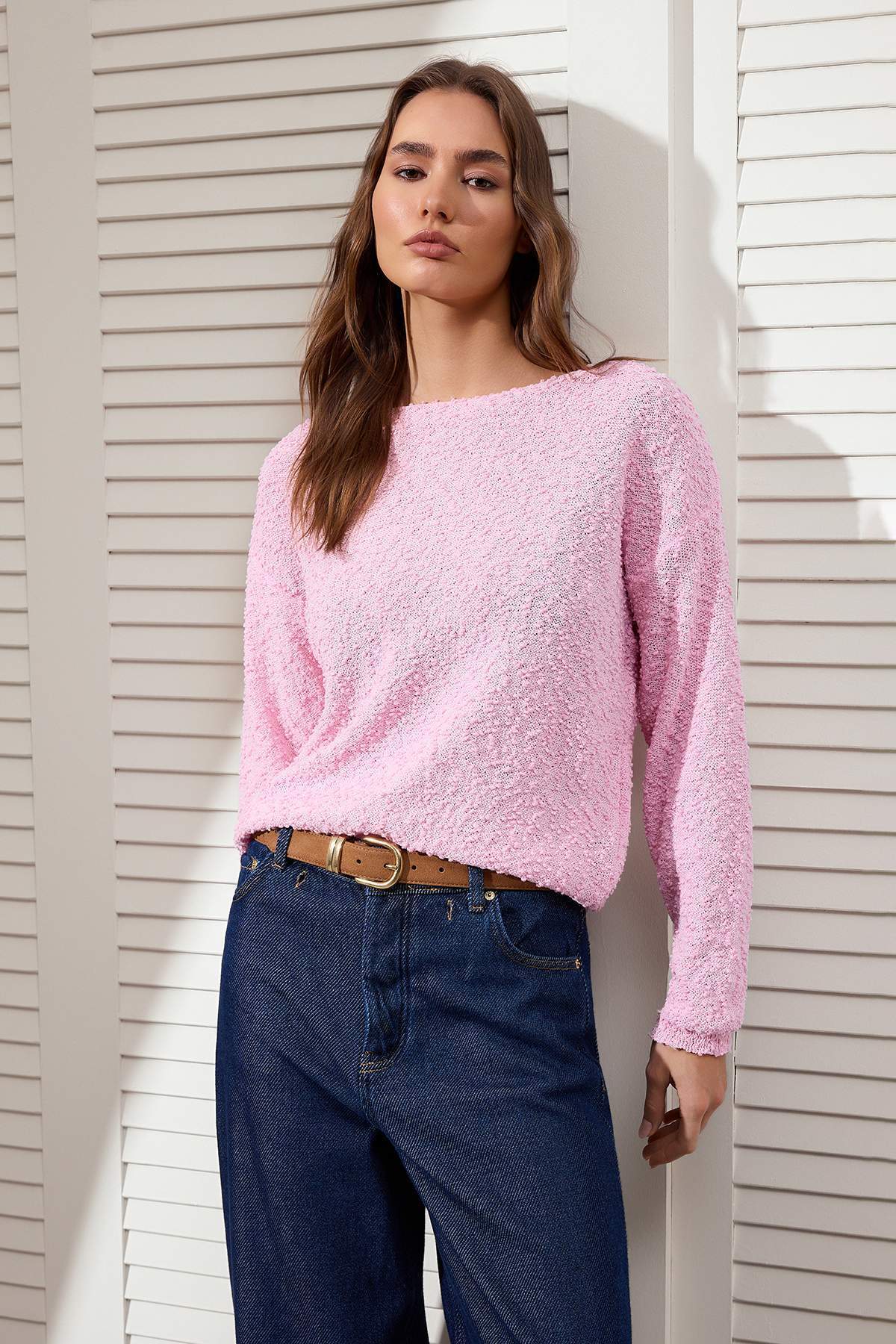 Trendyolmilla  Pembe Dokulu Kayık Yaka Triko Kazak TWOSS26KZ00007 - Görsel 6