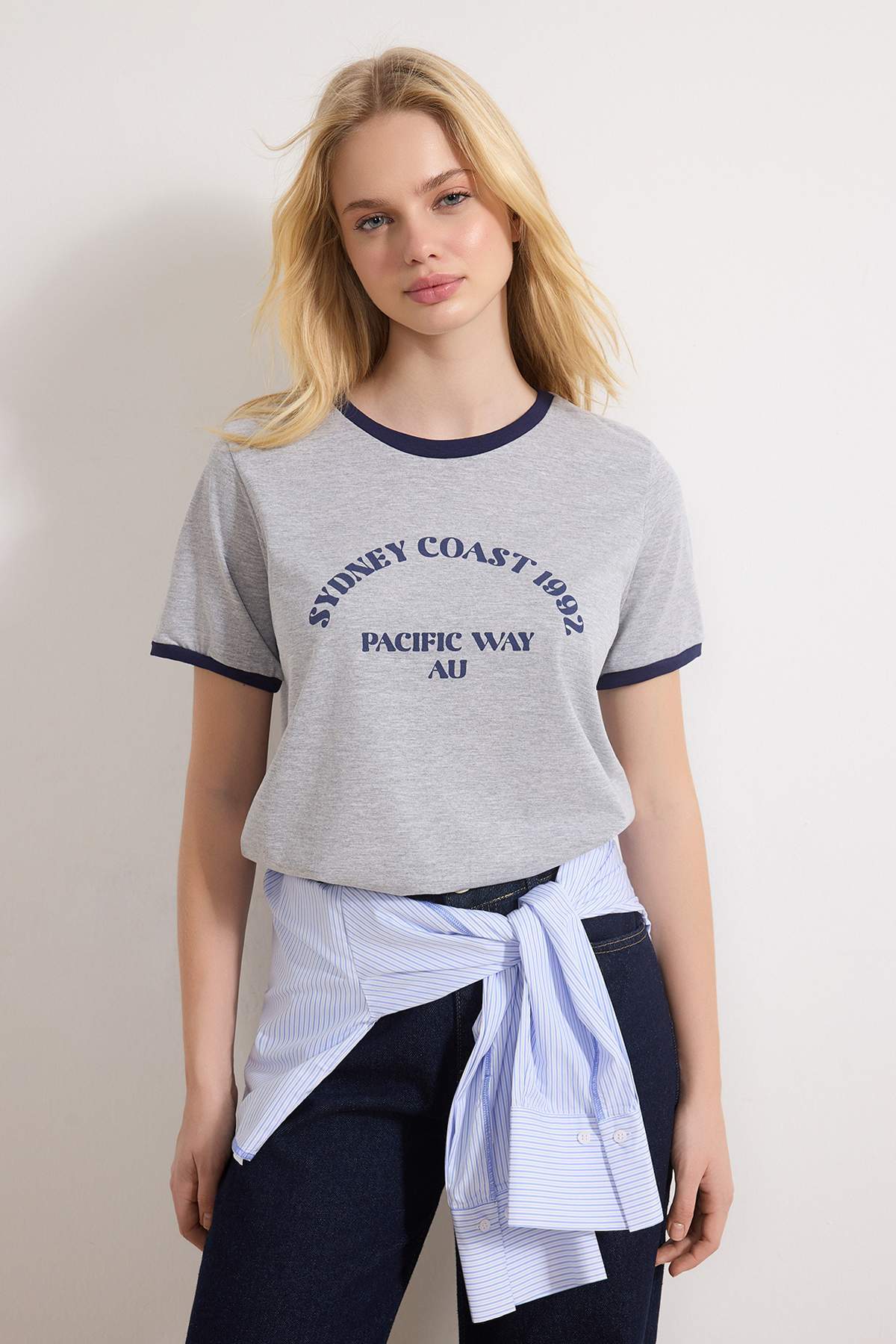 Trendyolmilla  Gri Melanj Örme T-Shirt TWOSS24TS00105