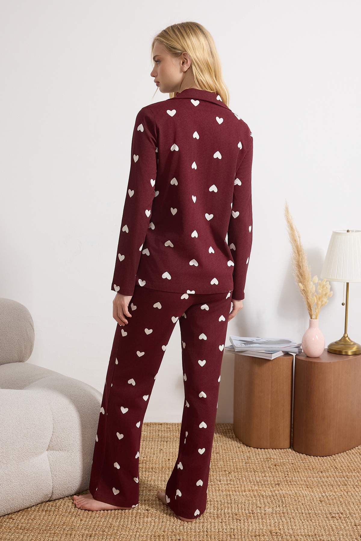 Trendyolmilla  Bordo %100 Pamuklu Kalp Desenli Örme Pijama Takımı THMAW21PT0548 - Görsel 4