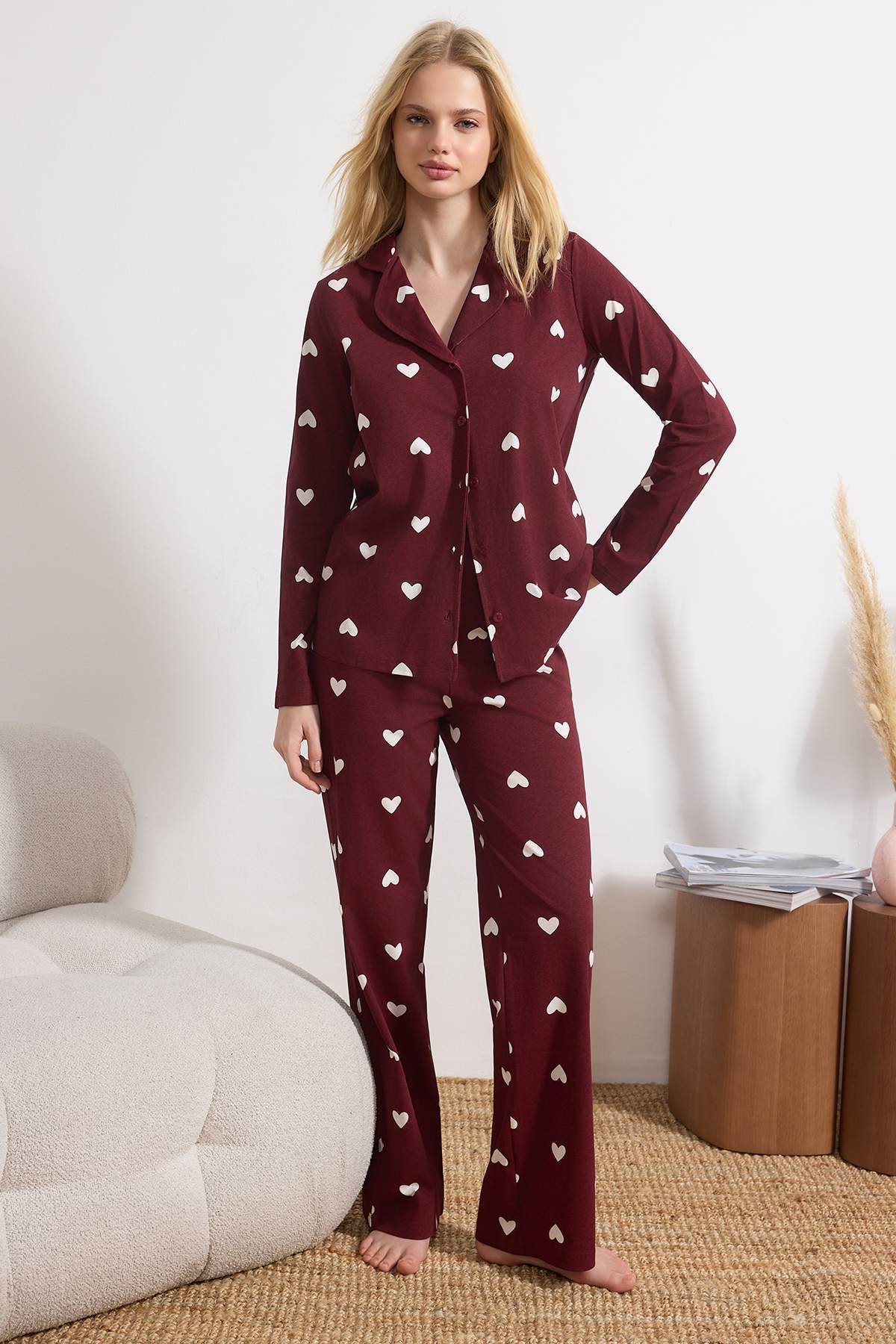 Trendyolmilla  Bordo %100 Pamuklu Kalp Desenli Örme Pijama Takımı THMAW21PT0548