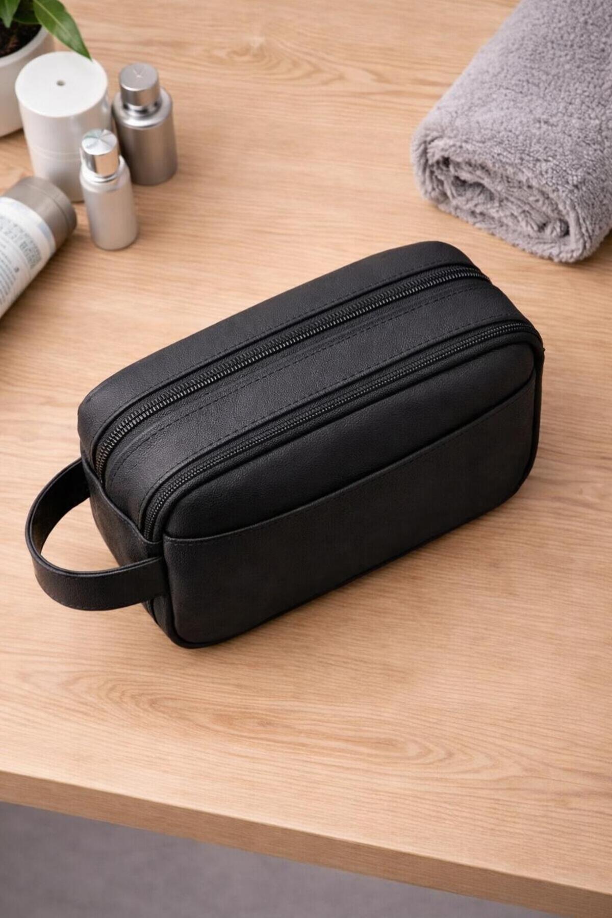 Valiberta  Desmond Erkek Deri El Tutmalı Çift Fermuarlı ve Cepli Seyahat & Bakım Çantası - Siyah - Görsel 3