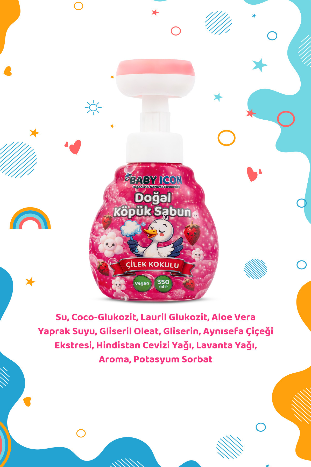 Baby İcon Doğal Çocuk Köpük El Sabunu 350 ml Çilek Kokulu Vegan Parabensiz Çiçek Şekilli Pembe Köpük fotoğrafı 2 (önizleme)