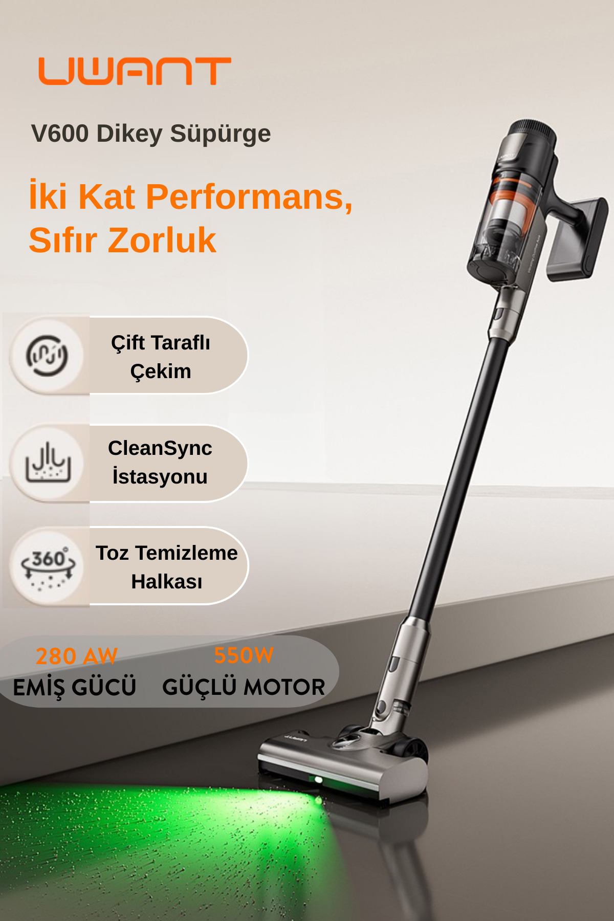 Automatic Grey Vertical Vacuum Cleaner V600 with 250W Suction Power