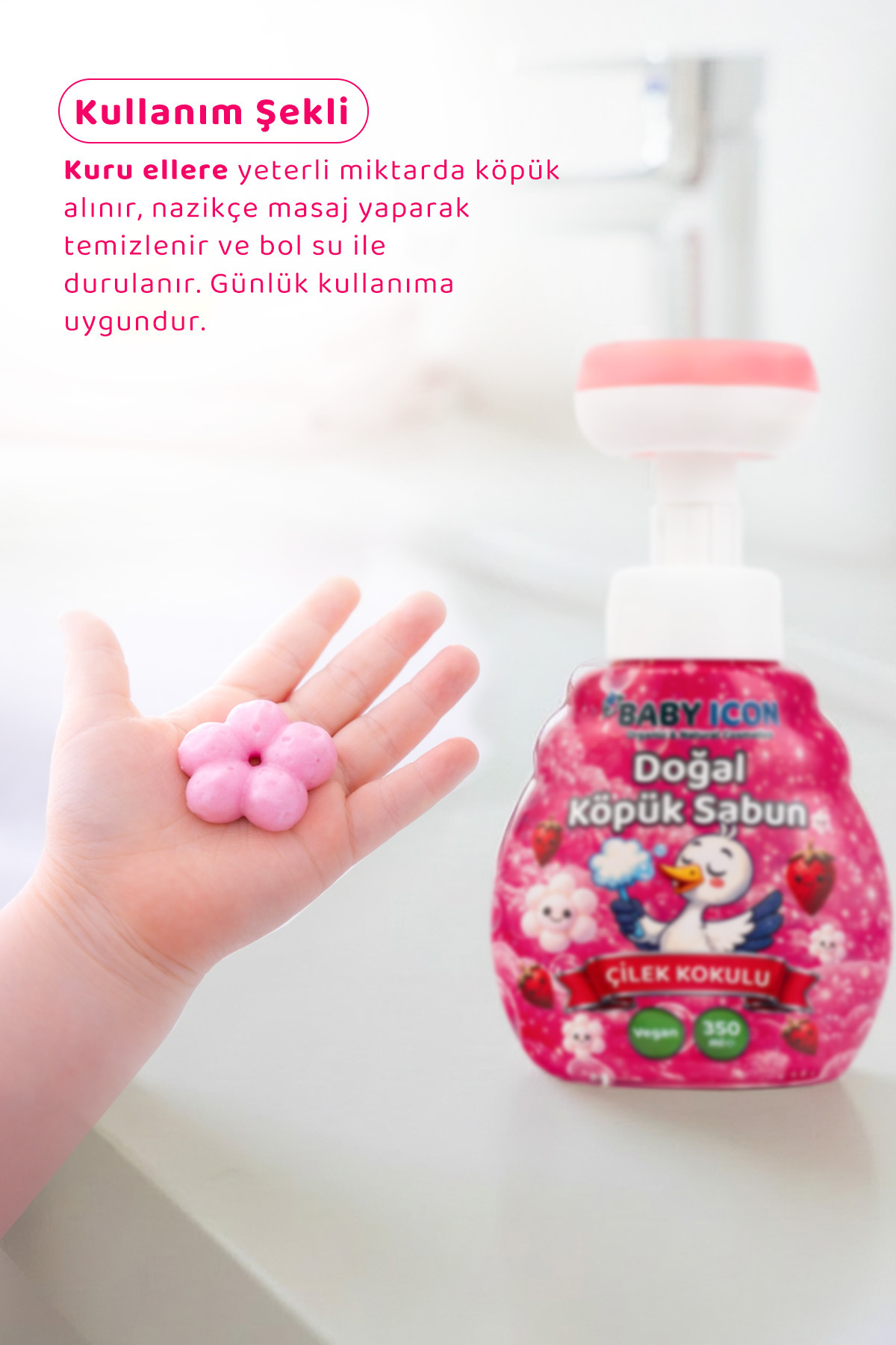 Baby İcon Doğal Çocuk Köpük El Sabunu 350 ml Çilek Kokulu Vegan Parabensiz Çiçek Şekilli Pembe Köpük fotoğrafı 3 (önizleme)