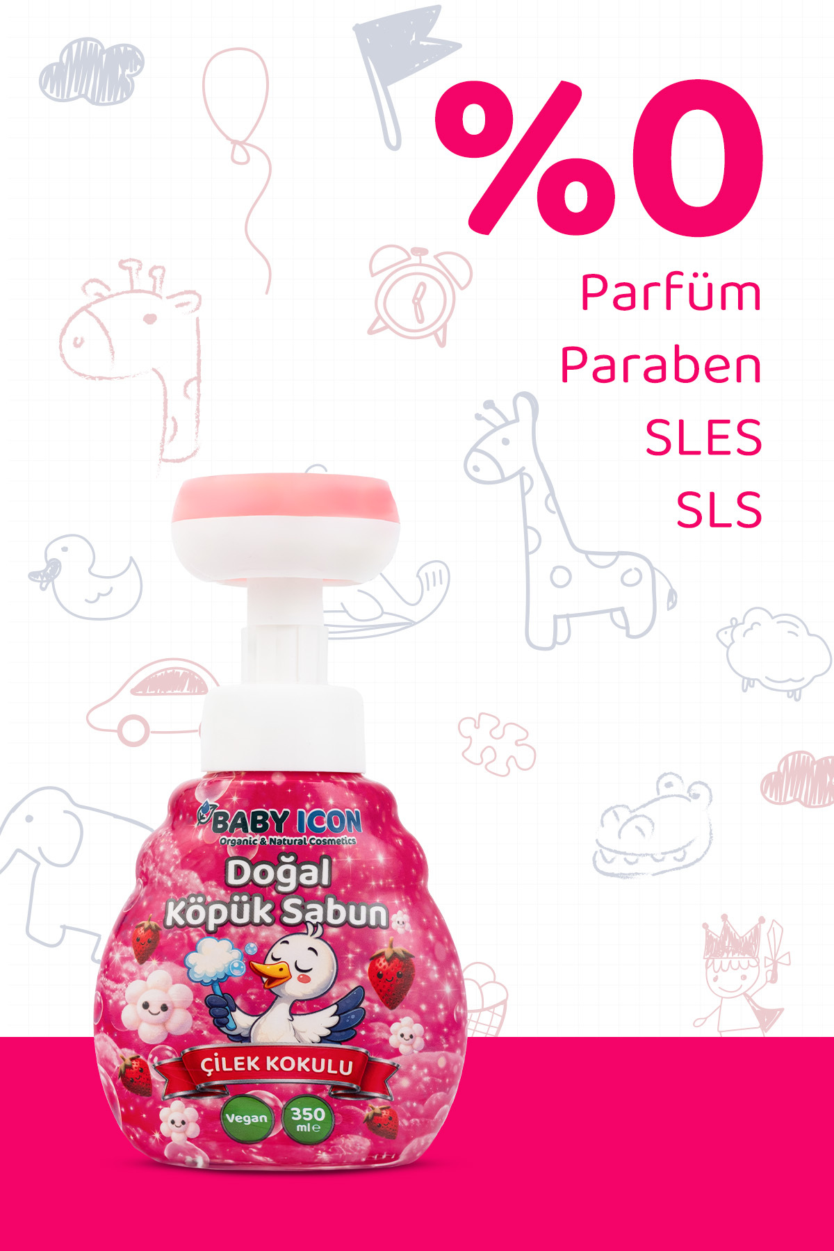 Baby İcon Doğal Çocuk Köpük El Sabunu 350 ml Çilek Kokulu Vegan Parabensiz Çiçek Şekilli Pembe Köpük fotoğrafı 4 (önizleme)