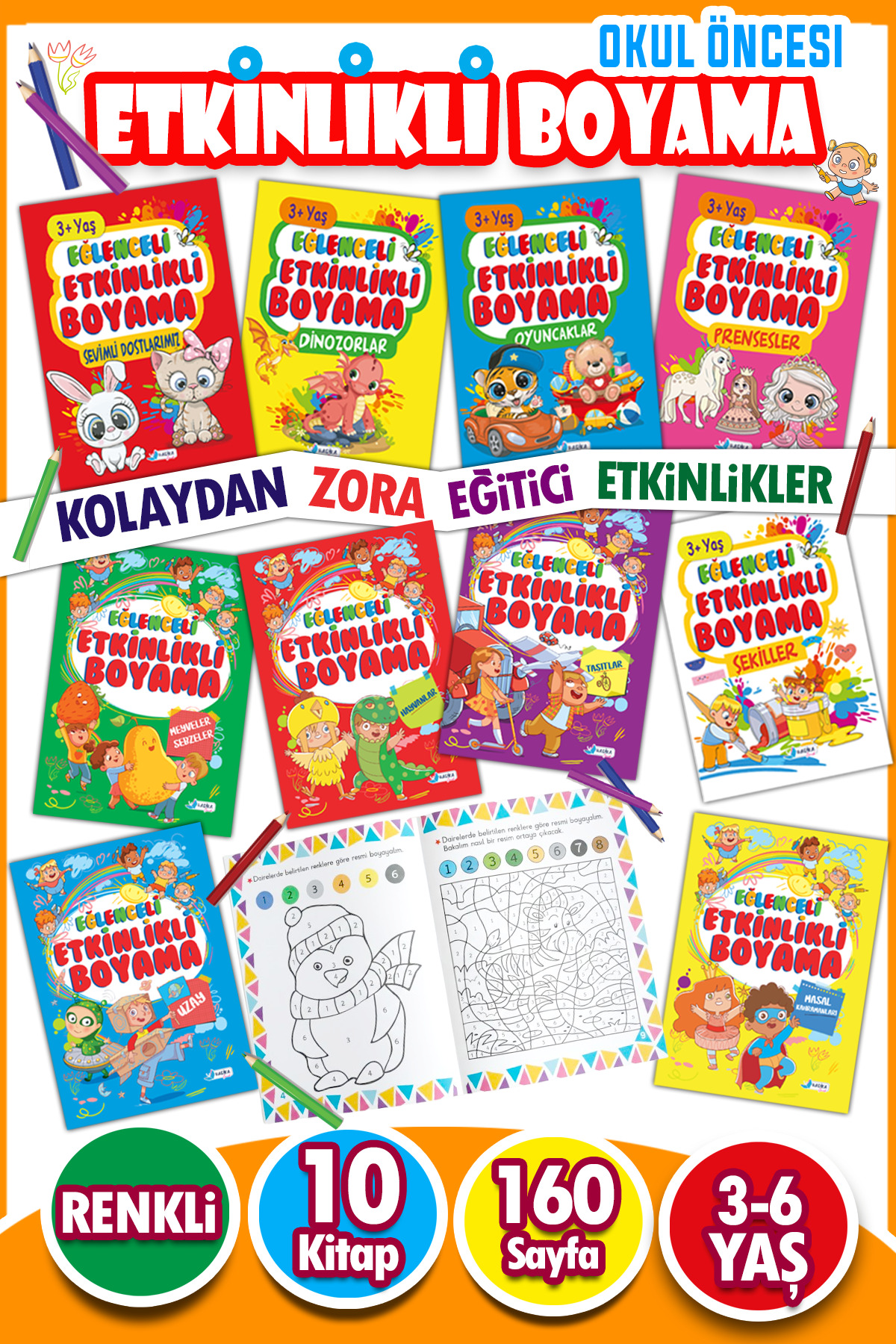 Harika Çocuk Yayınları Eğlenceli Etkinlikli 10 Kitaplı Eğitici Boyama Seti 160 Sayfa