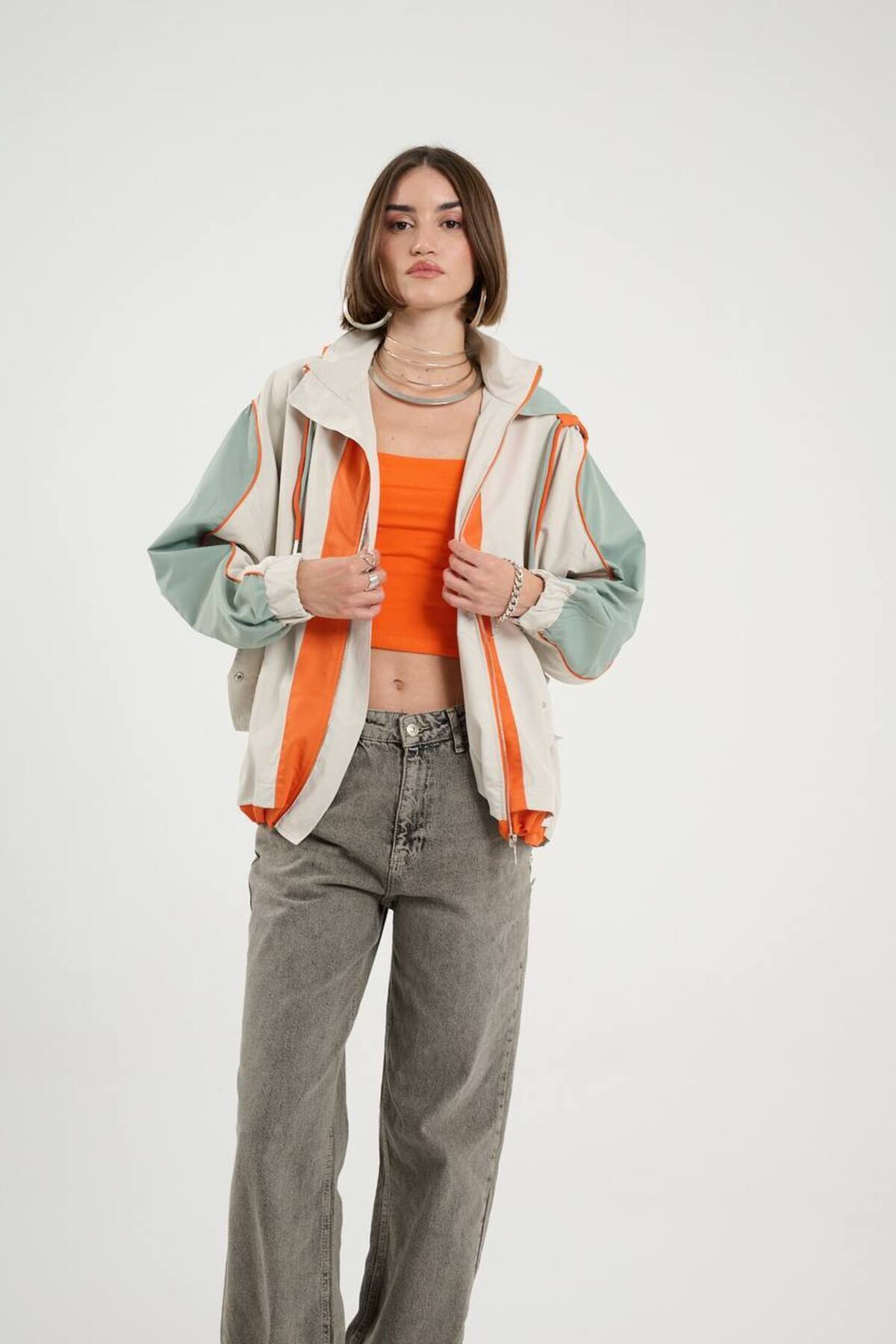 MATTİMODA  Turuncu Şerit Detaylı Haki Yağmurluk - Görsel 3