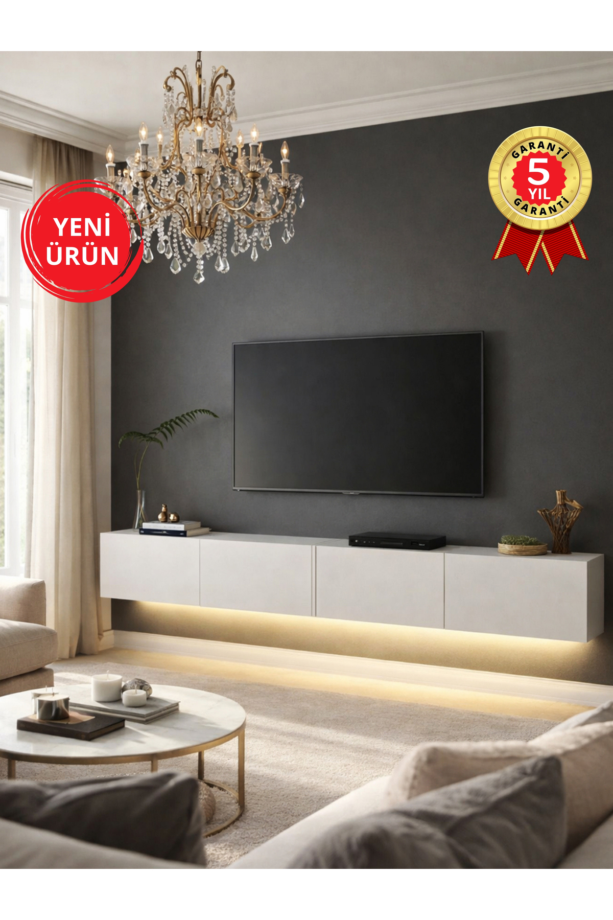 Homeros led TV Stand & Unit, Wall Mounted TV Unit White 240 cm