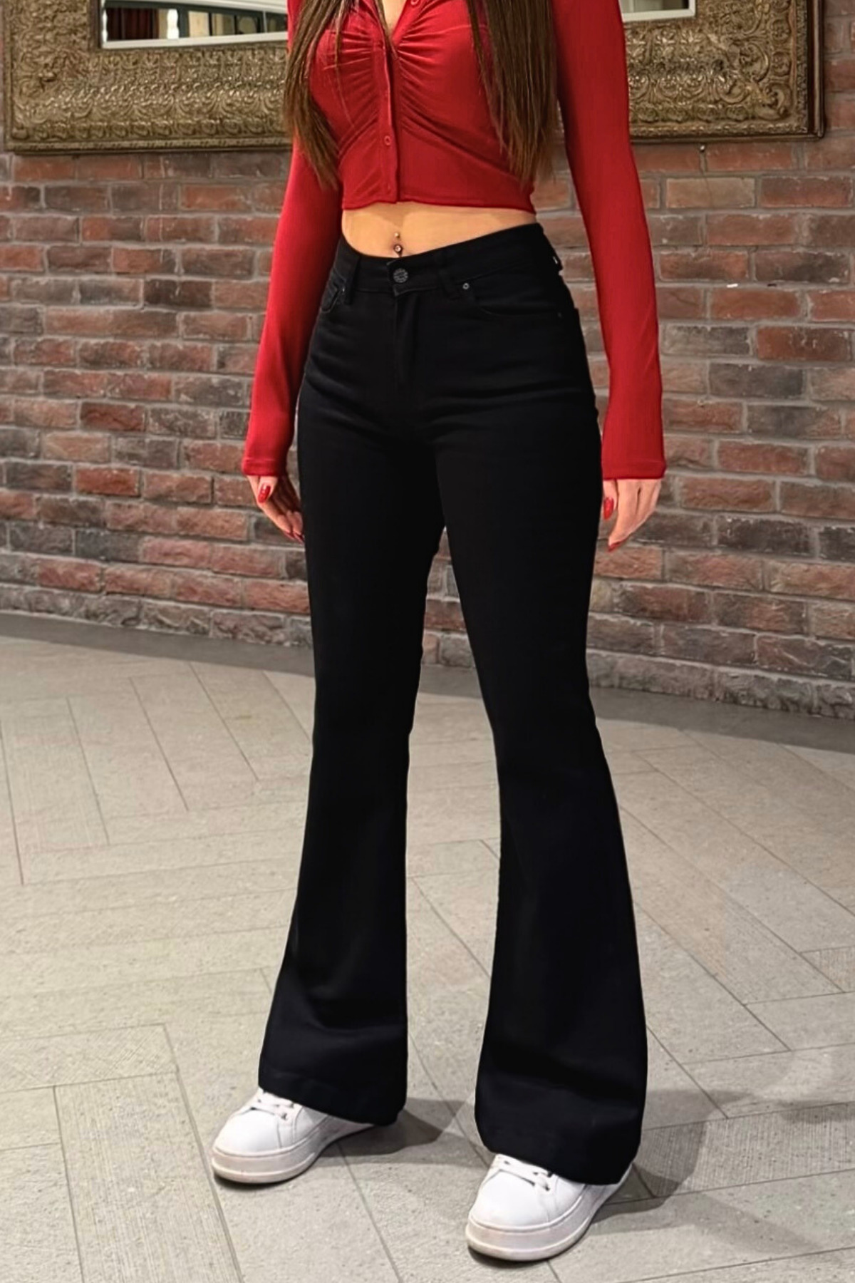 BİKELİFE  Kadın Yüksek Bel Likralı/Esnek İspanyol Paça Pantolon