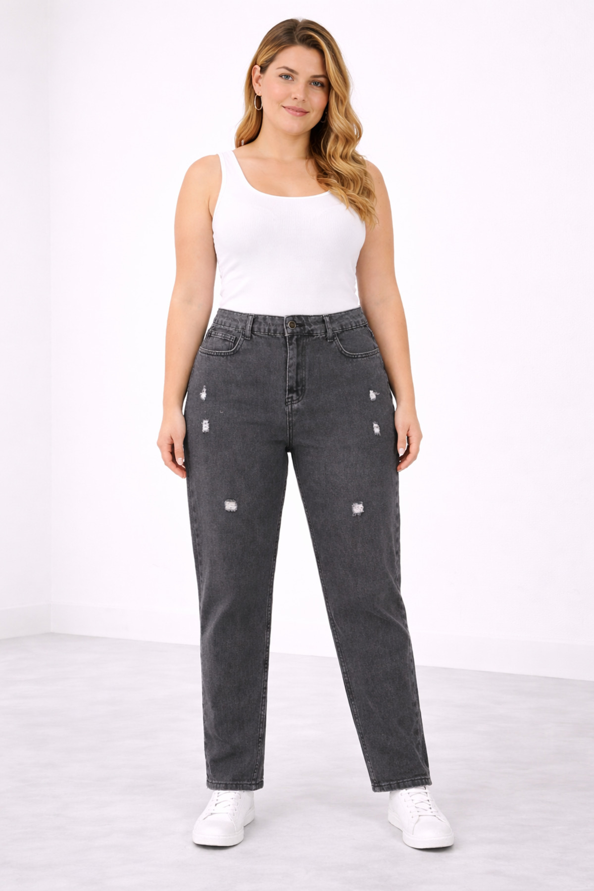 Şans  Kadın Büyük Beden Gri, Yırtık Detaylı, Yüksek Bel 5 Cep Kot Pantolon 65N39329 - Görsel 5
