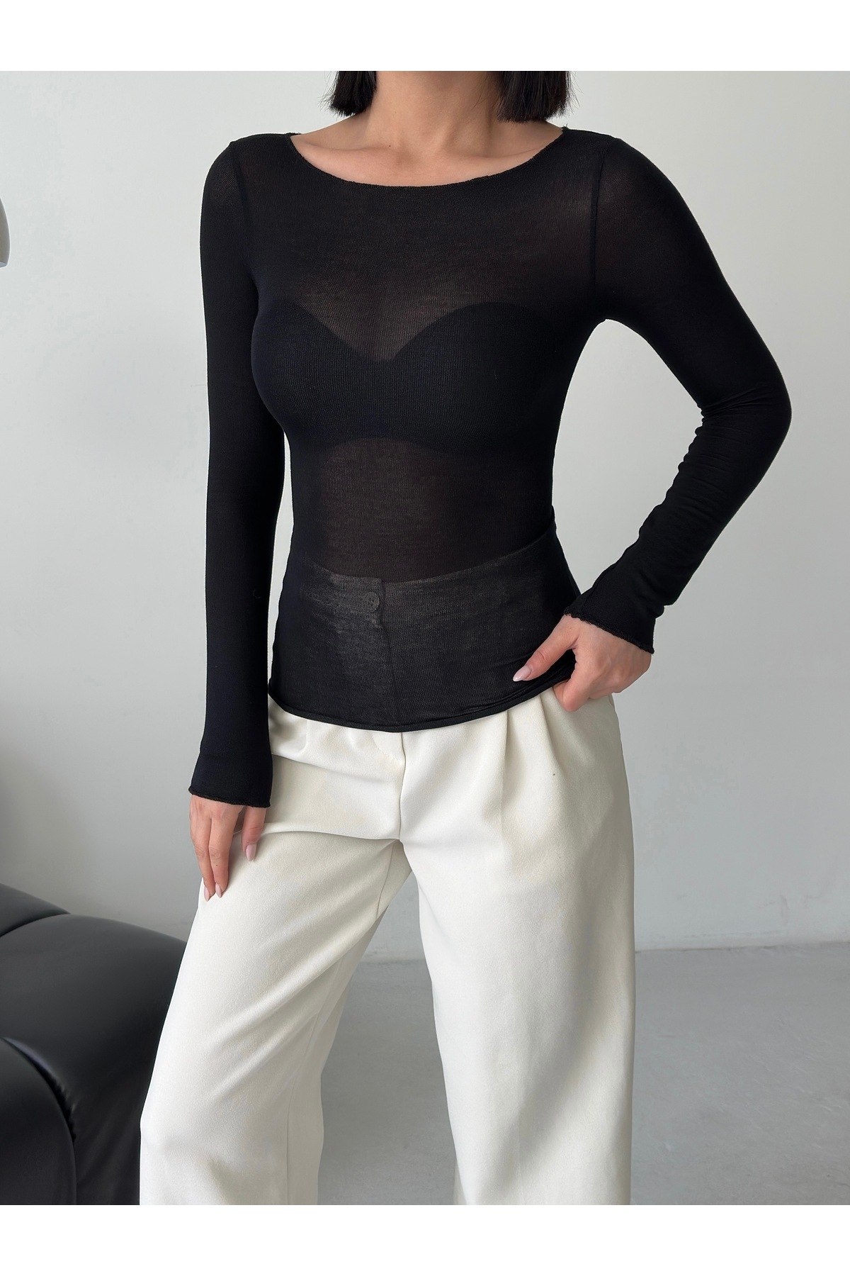 luna miratto collection  Kadın Transparan Kayık Yaka Siyah Bluz Modal Kaşmir Ultra Hafif Yumuşak Bluz - Görsel 9