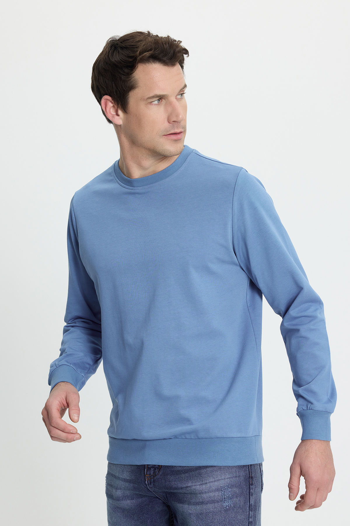 Tudors  Erkek Relax Fit Rahat Kesim %100 Pamuk 2 İplik Bisiklet Yaka Mavi Sweatshirt - Görsel 3