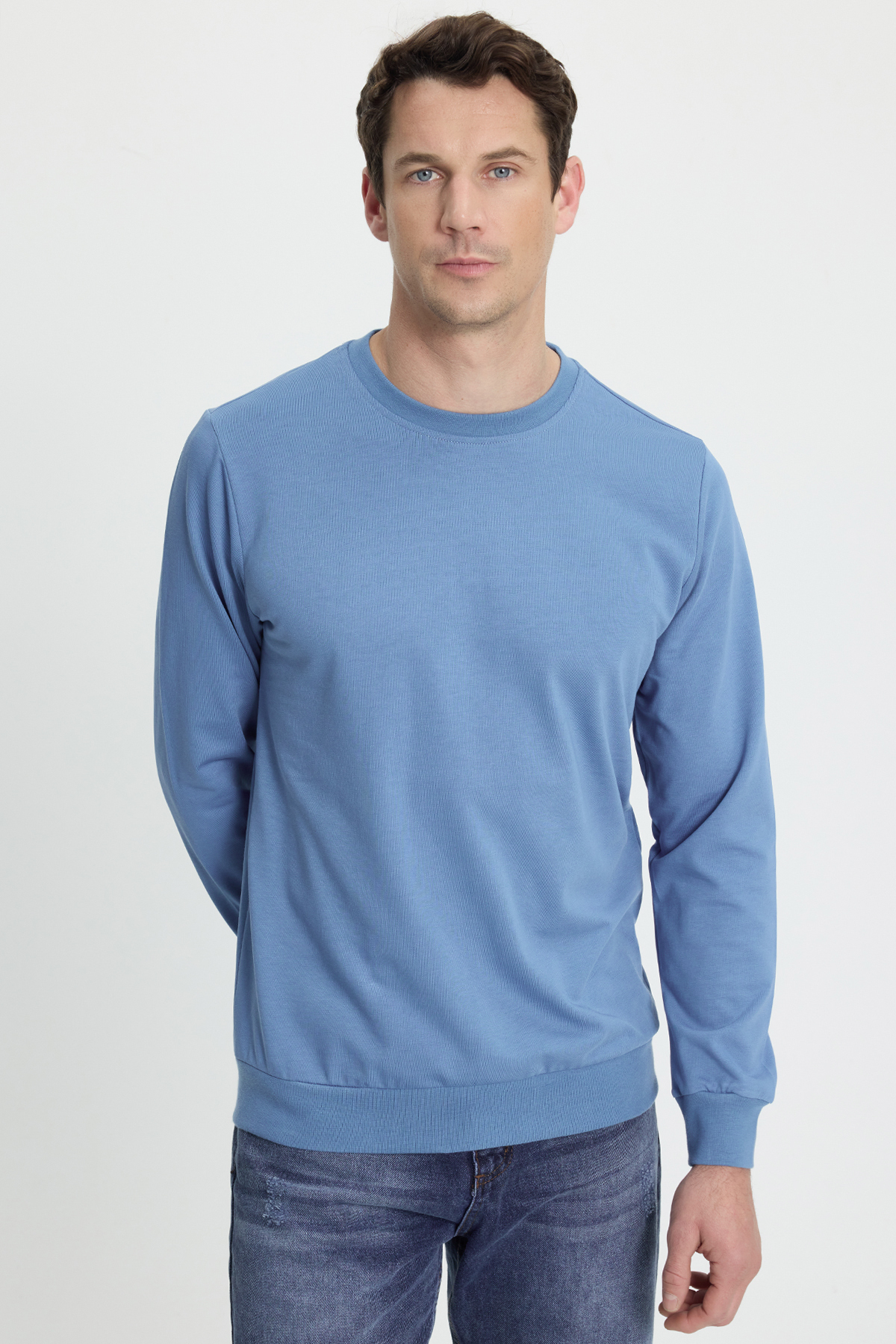 Tudors  Erkek Relax Fit Rahat Kesim %100 Pamuk 2 İplik Bisiklet Yaka Mavi Sweatshirt