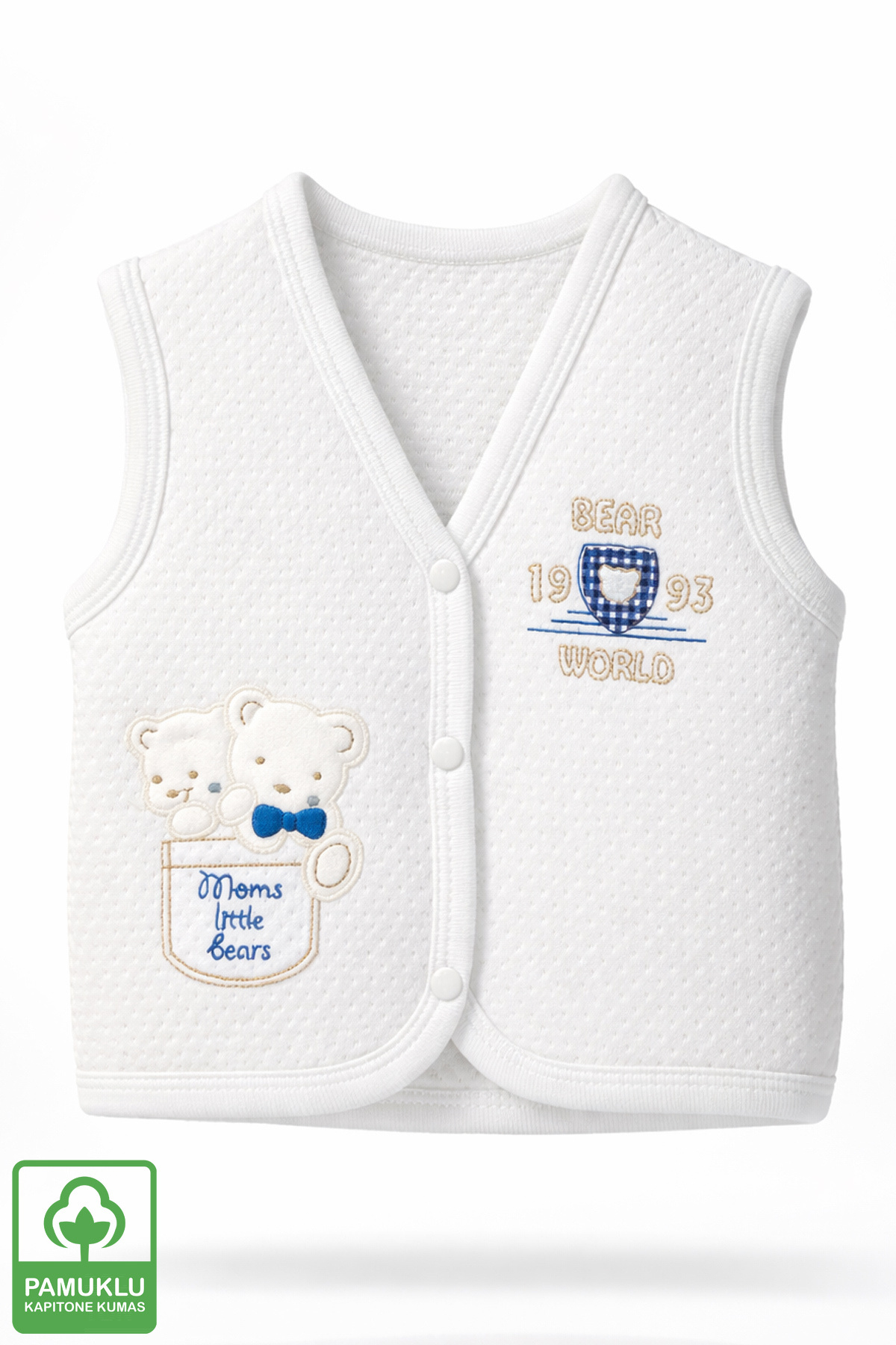 Miniel Unisex Bebek Ikiz Ayıcık Nakışlı Organik Pamuklu 3-6-9 Ay 3Lü Kapitone Bebek Yelek Set fotoğrafı 2 (önizleme)