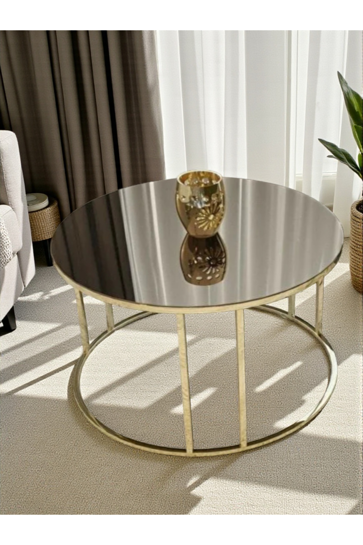 Salon Orta Bronz AYNALI Ayna (GOLD) Metal Ayak Orta Sehpa