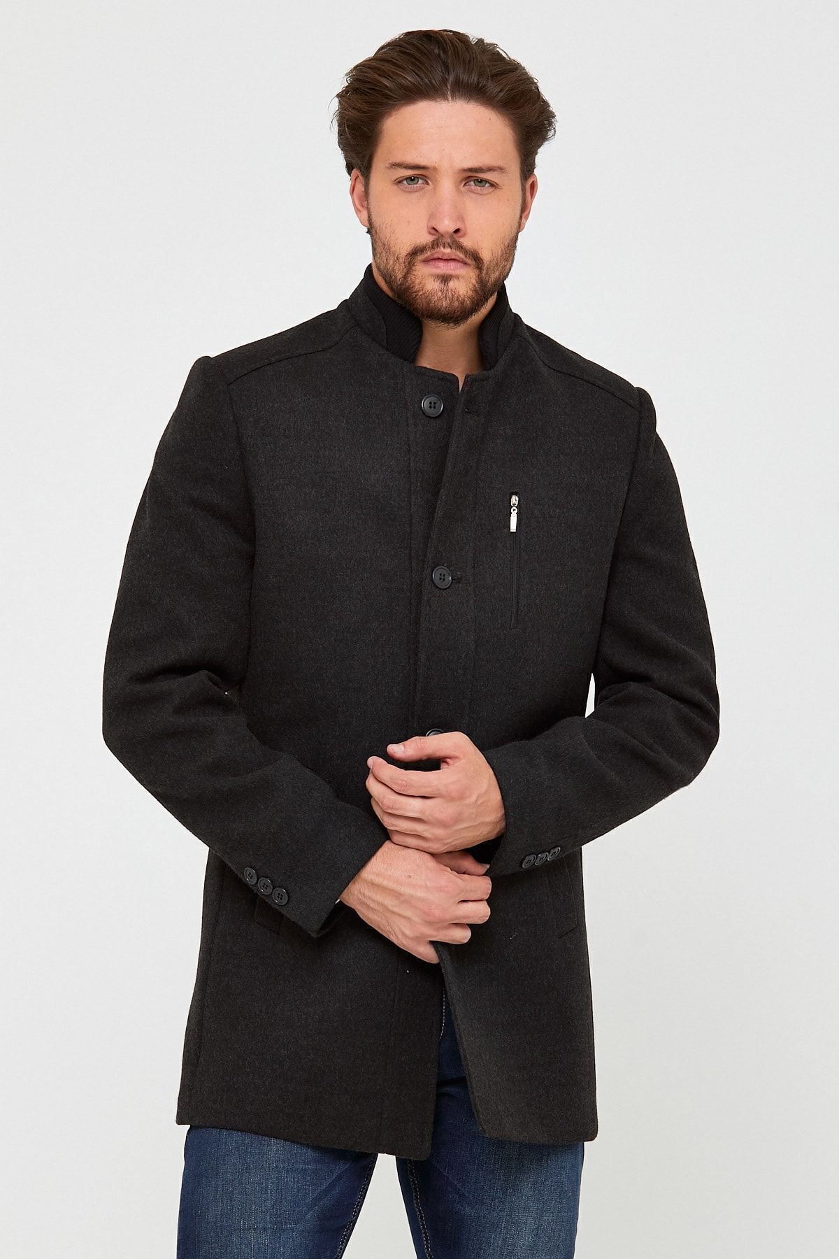 Wise  Erkek Antrasit Dik Yaka Kaşe Kaban - Görsel 4