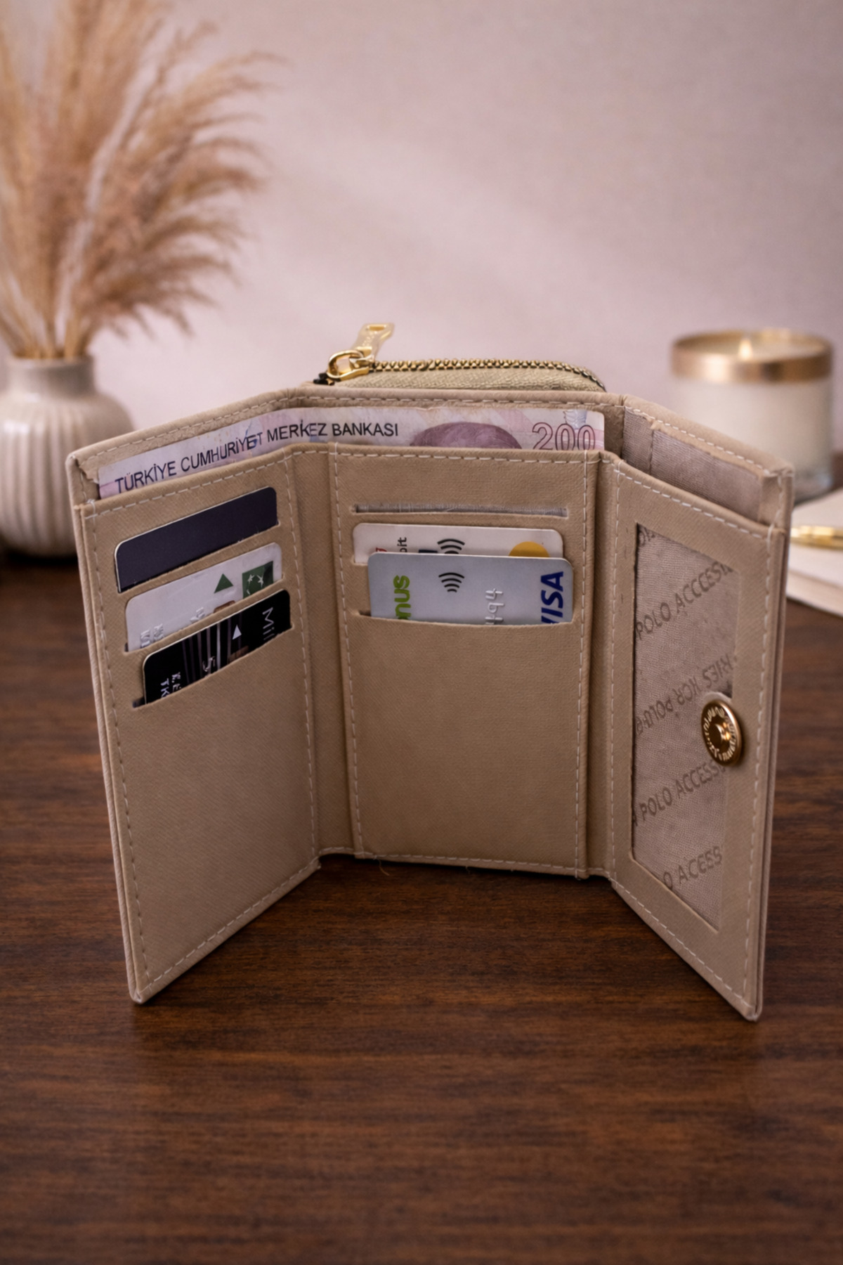 MODEL CÜZDAN  Kadın Cüzdan Yumuşak Deri Çıtçıtlı Fermuarlı Kartlık Bej - Görsel 5