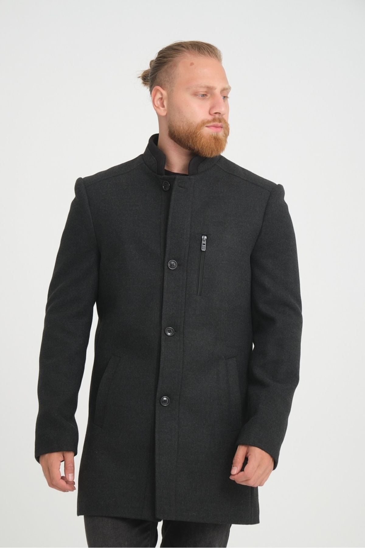 Wise  Erkek Antrasit Dik Yaka Kaşe Kaban - Görsel 6