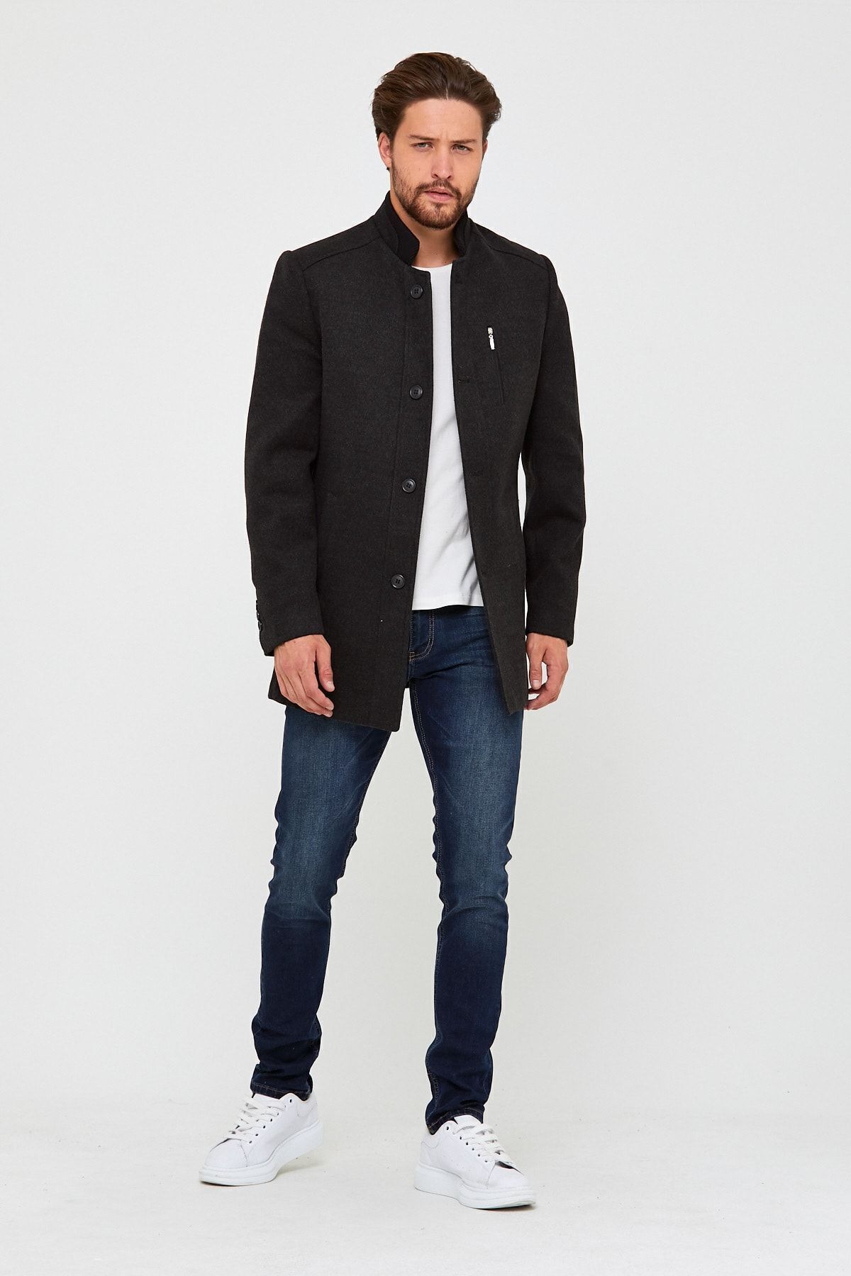 Wise  Erkek Antrasit Dik Yaka Kaşe Kaban - Görsel 7