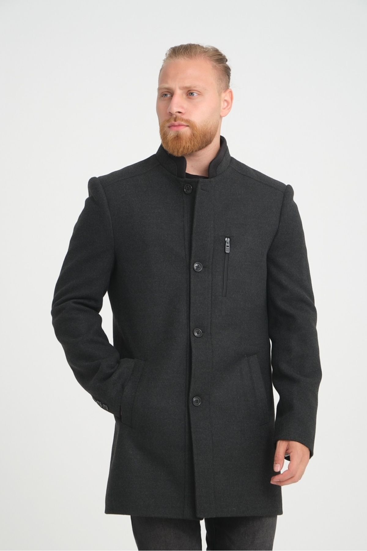 Wise  Erkek Antrasit Dik Yaka Kaşe Kaban - Görsel 3