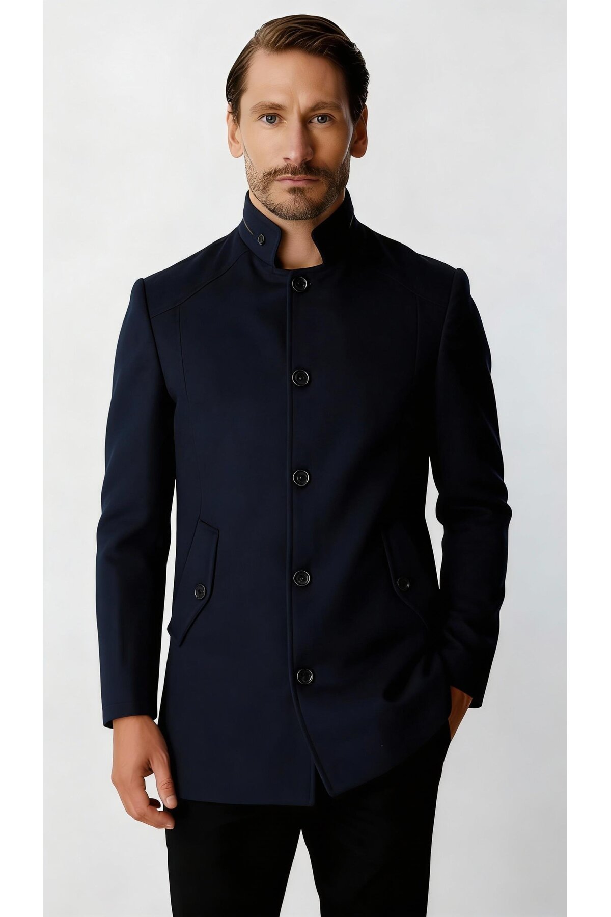 İgs  Erkek Dik Yaka Düğmeli Klasik Kaban – Lacivert