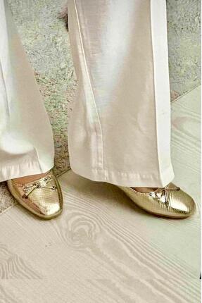 redtan Fiyonklu Altın Renkli Kadın Babet | Ev Babeti | Ofis Ayakkabısı