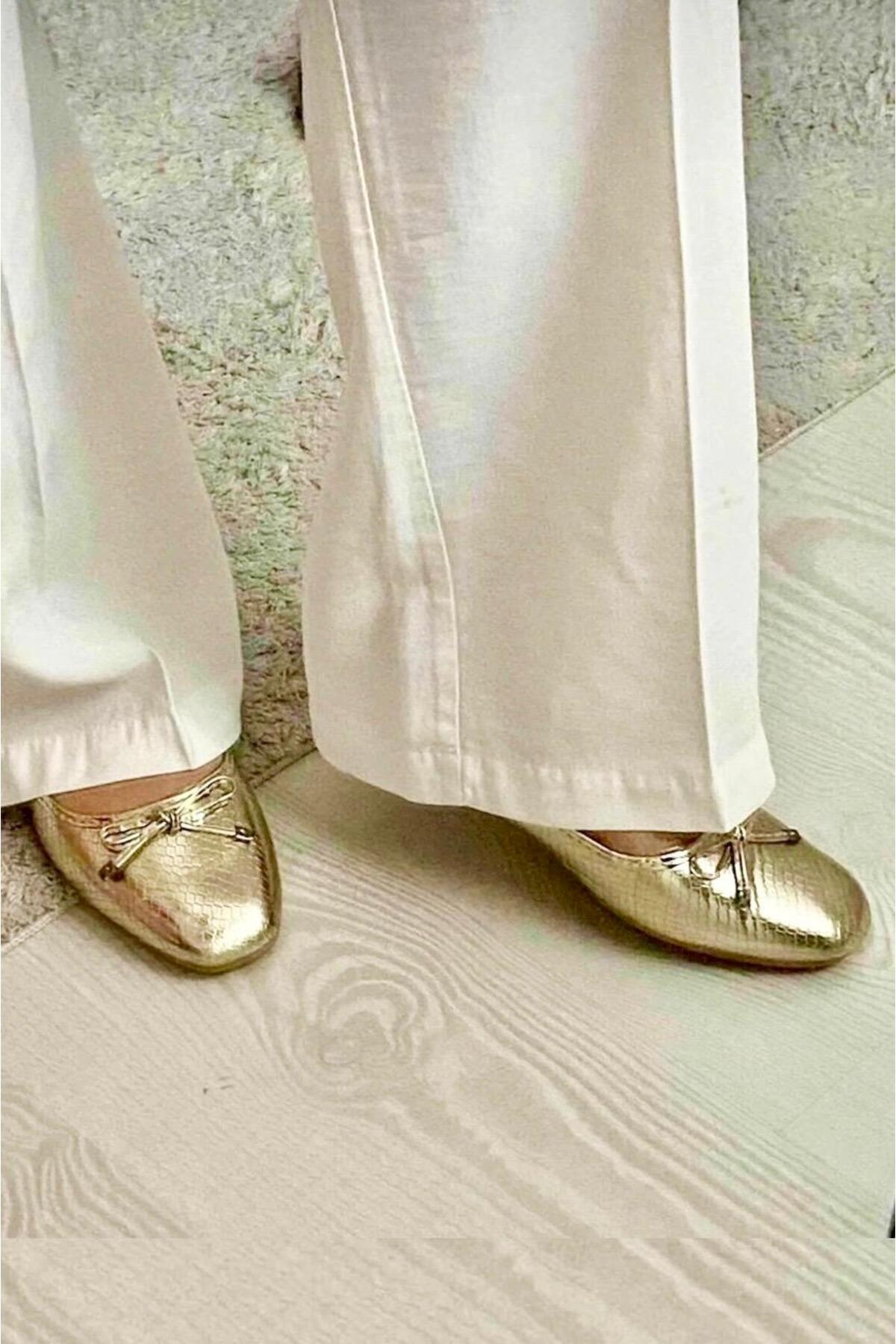redtan  Fiyonklu Altın Renkli Kadın Babet | Ev Babeti | Ofis Ayakkabısı