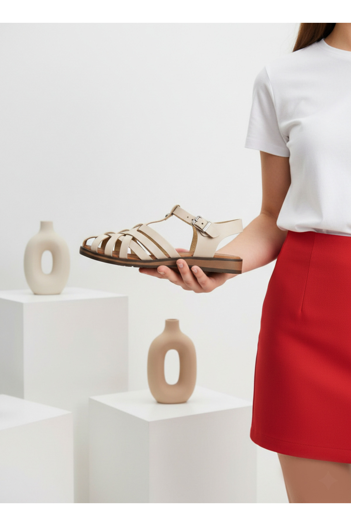 Deripabuc  Hakiki Deri Bej Kadın Deri Sandalet Dp-0067 - Görsel 5