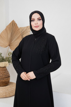 Tuğralı Siyah Taşlı Özel Ferace Petek Kumaş