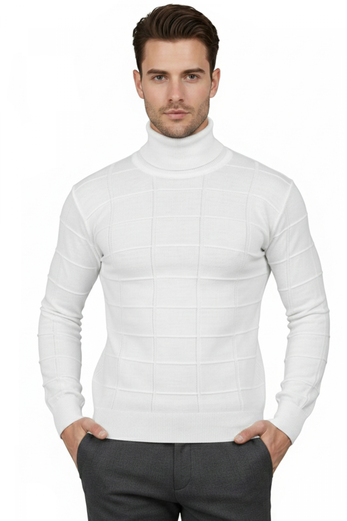 Men's White Square Pattern Turtleneck Slim Fit Turtleneck Knitwear Sweater 2505493