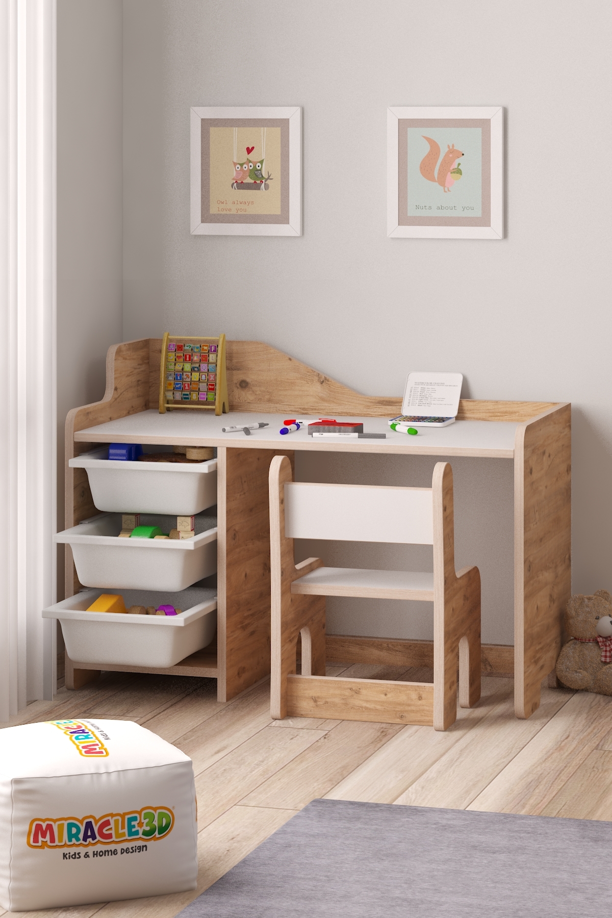 MİRACLE 3D Çocuk Oyun Aktivite Masası 90x45 Cm 3 Sepetli Çocuk Çalışma Masası Sırt Dayamalı Sandalye fotoğrafı 5 (önizleme)