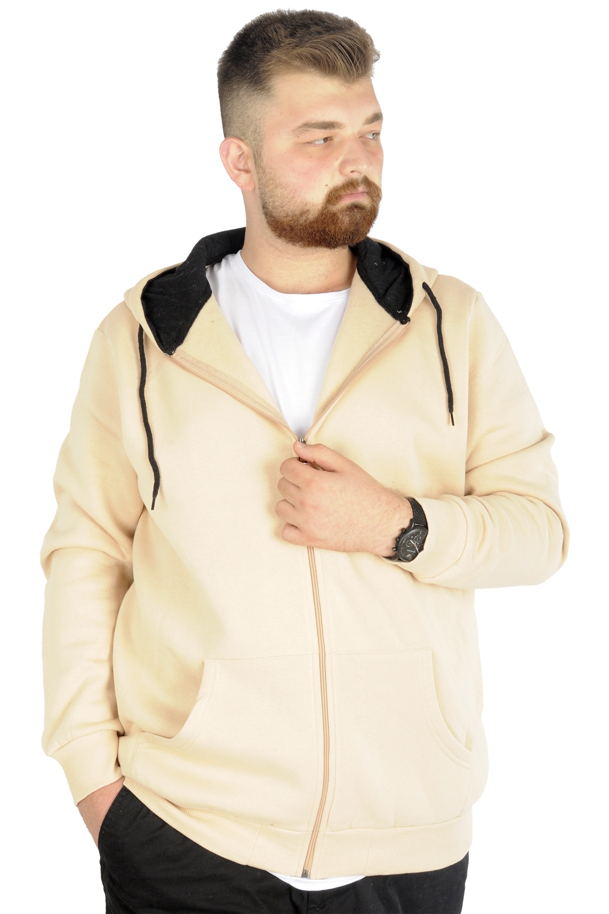 ModeXL Mode XL Erkek Sweatshirt Kapşonlu Zippered Basic 20543 Bej