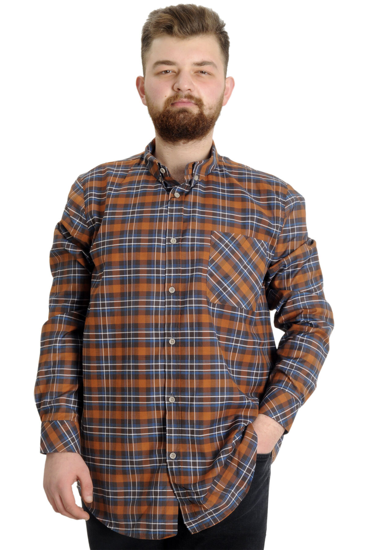 ModeXL Mode XL Büyük Beden Erkek Gömlek Ekose Uzun Kollu 23300 Kiremit