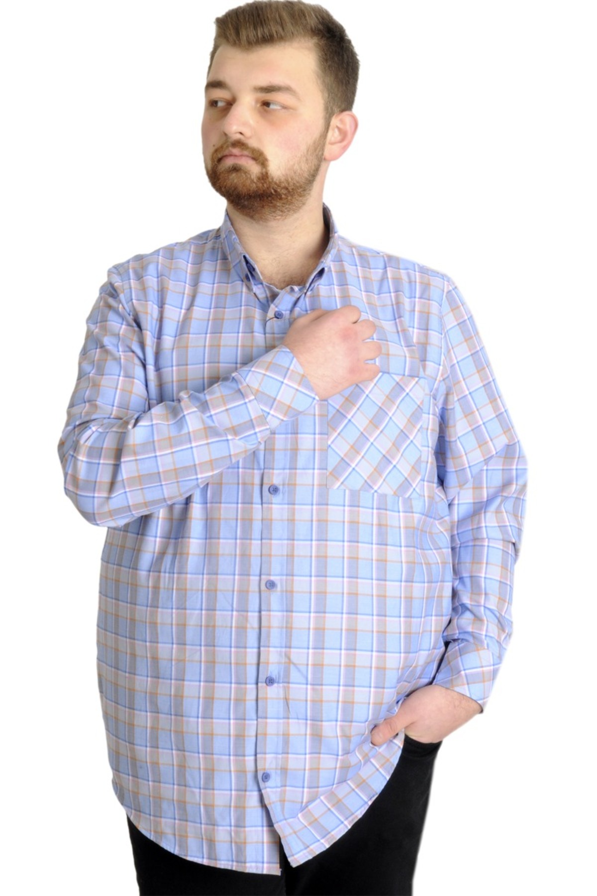 ModeXL Mode XL Büyük Beden Erkek Ekose Uzun Kollu Cepli Gömlek 23300 Koyu Lila görsel 4