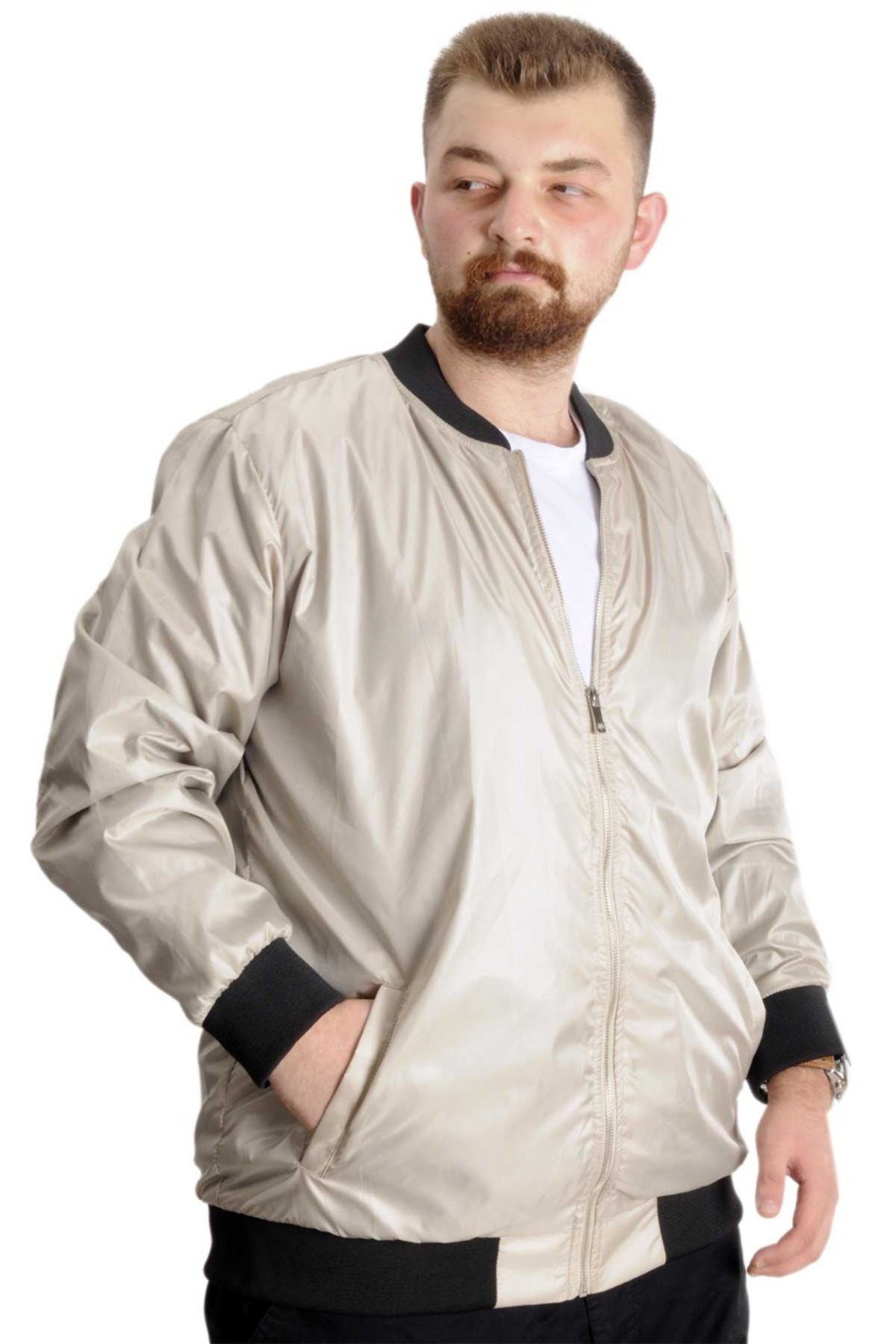 ModeXL Mode XL Büyük Beden Erkek YAZLIK INCE Kolej Mont Fermuarlı Jesica 22612 Bej görsel 3