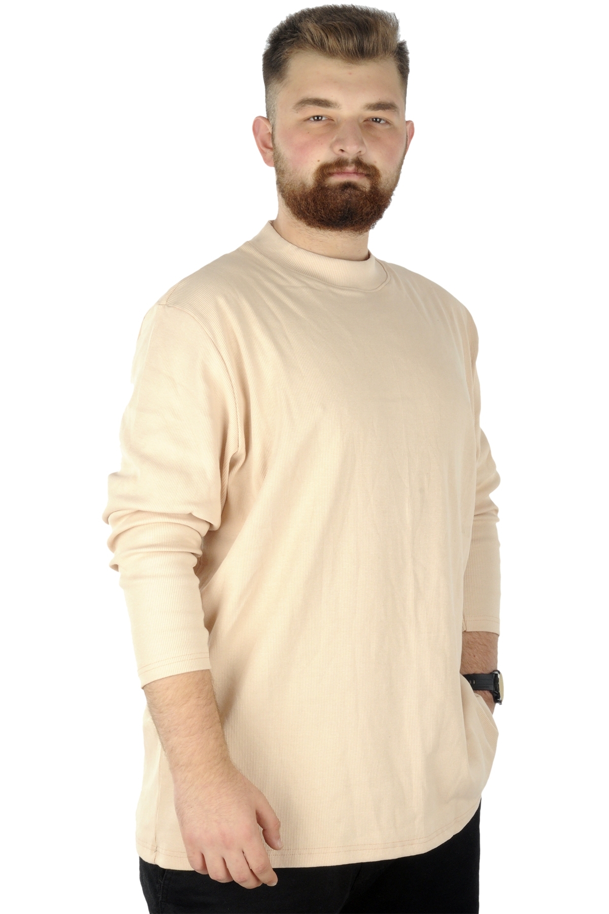 ModeXL Mode XL Büyük Beden Uzun Kol Yarım Balıkçı Kazak 22558 Bej görsel 3
